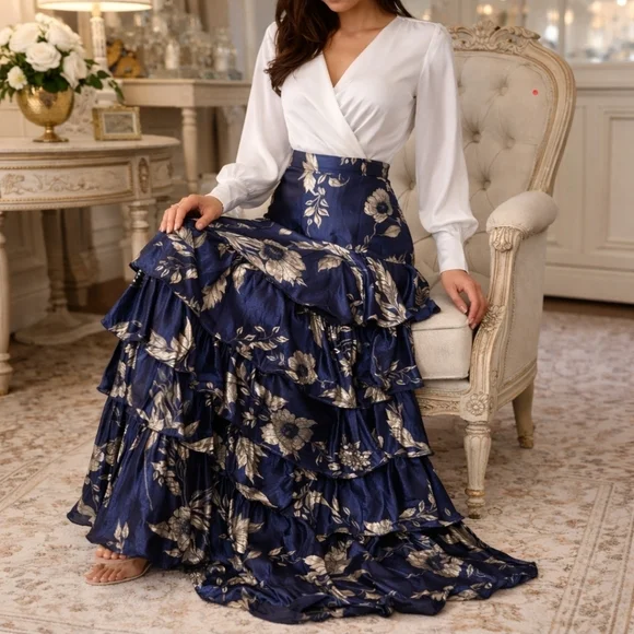 Johanna Ortiz “Midnight & Silver Tangled Garden” Blue Nile Maxi Skirt – Size 8 - Picture 2 of 14